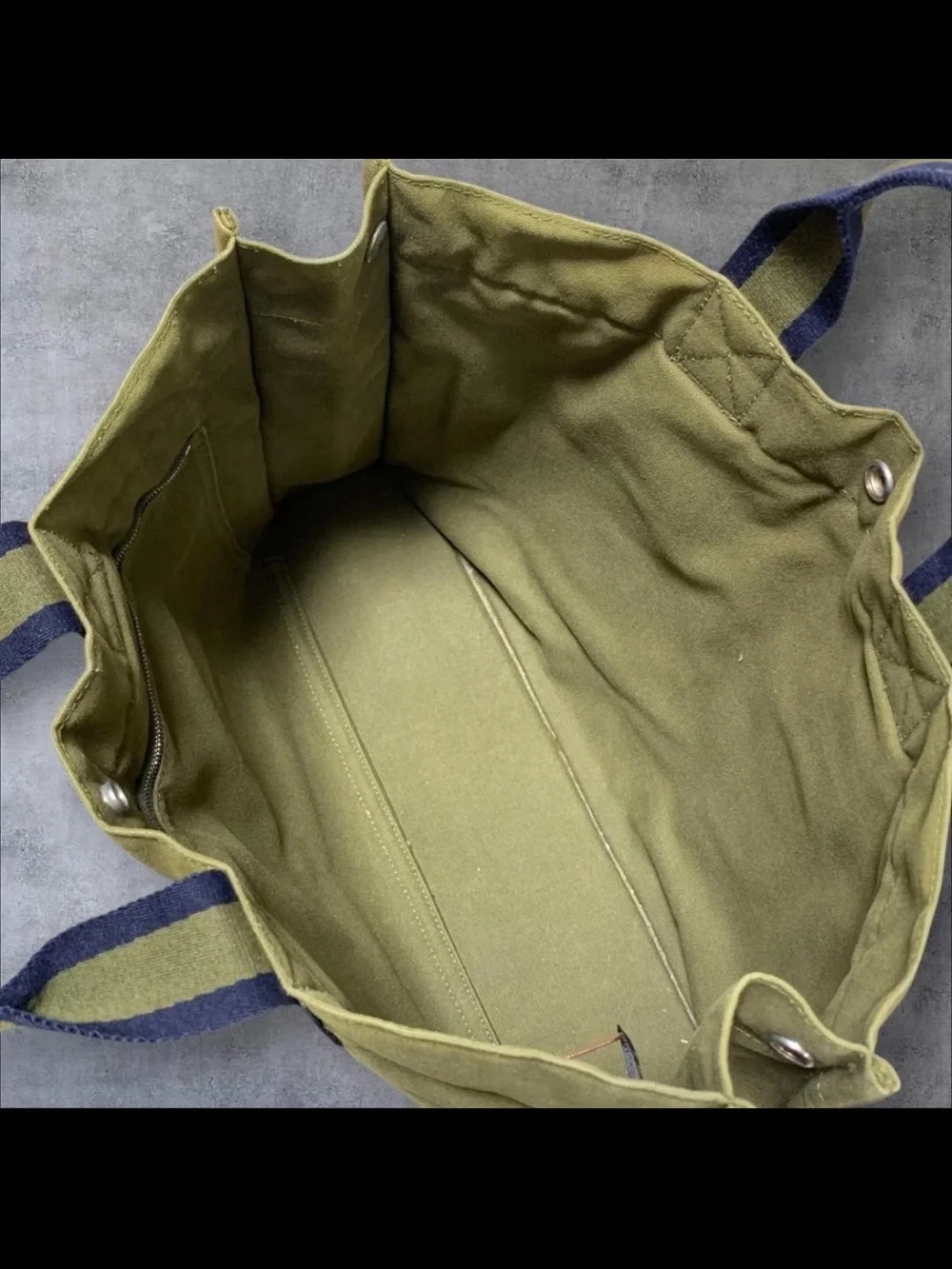 Hermes Olive Green Canvas Tote with Navy Stripe Handles